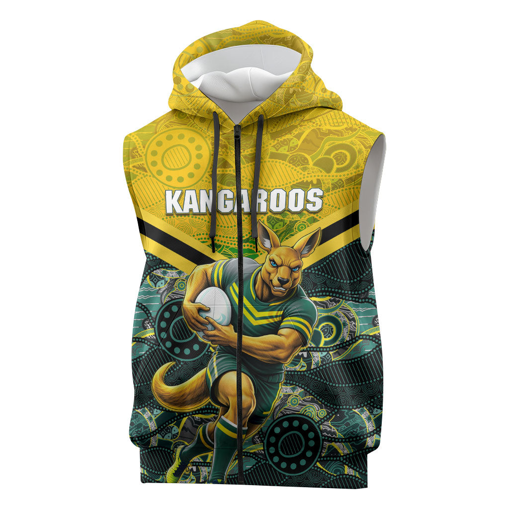 Personalised Kangaroos Rugby Sleeveless Zip Hoodie Aboriginal Pattern Australia Colors Tribal Sports