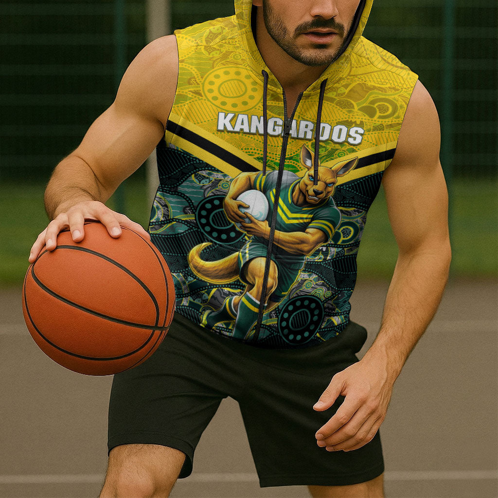 Personalised Kangaroos Rugby Sleeveless Zip Hoodie Aboriginal Pattern Australia Colors Tribal Sports