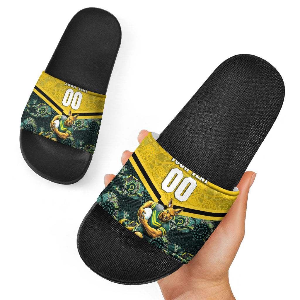 Personalised Kangaroos Rugby Slide Sandals Aboriginal Pattern Australia Colors Tribal Sports