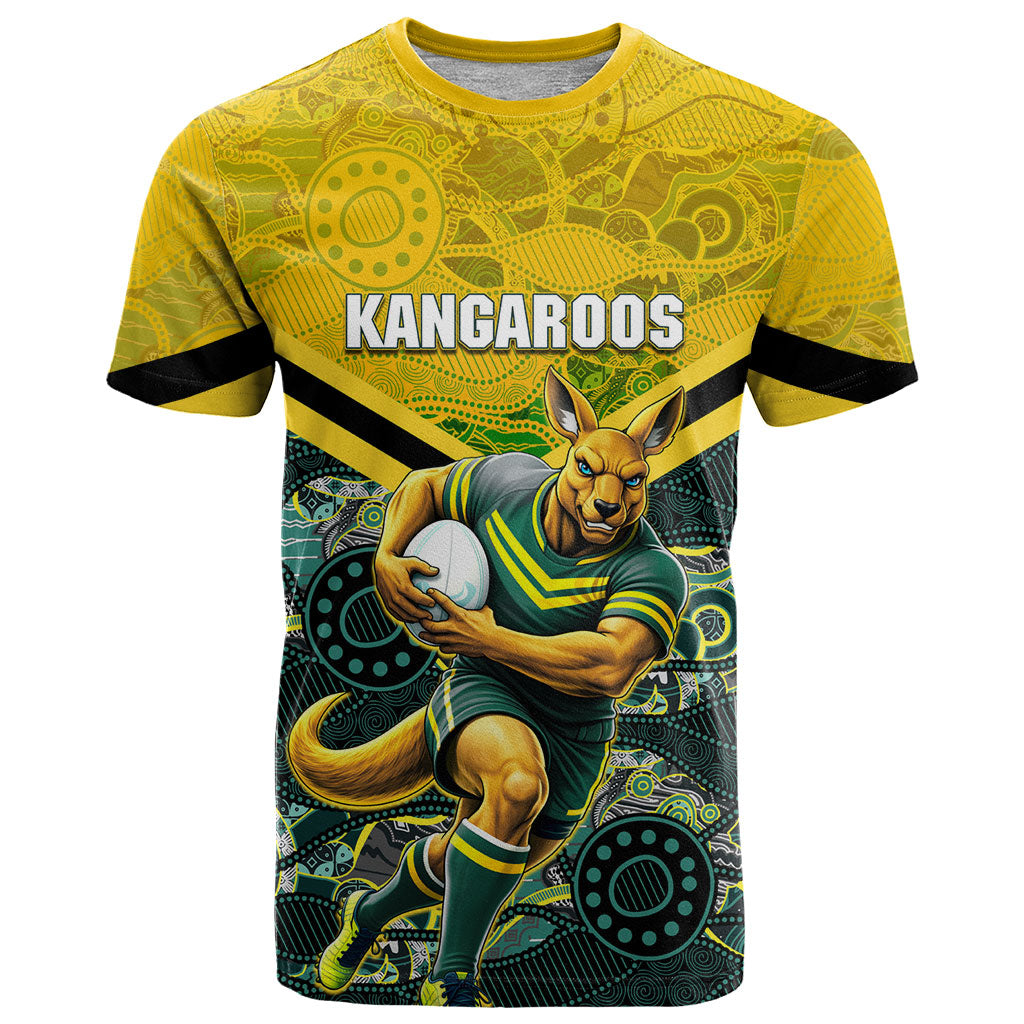 Personalised Kangaroos Rugby T Shirt Aboriginal Pattern Australia Colors Tribal Sports
