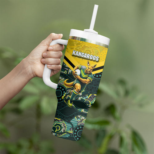 Personalised Kangaroos Rugby Tumbler With Handle Aboriginal Pattern Australia Colors Tribal Sports