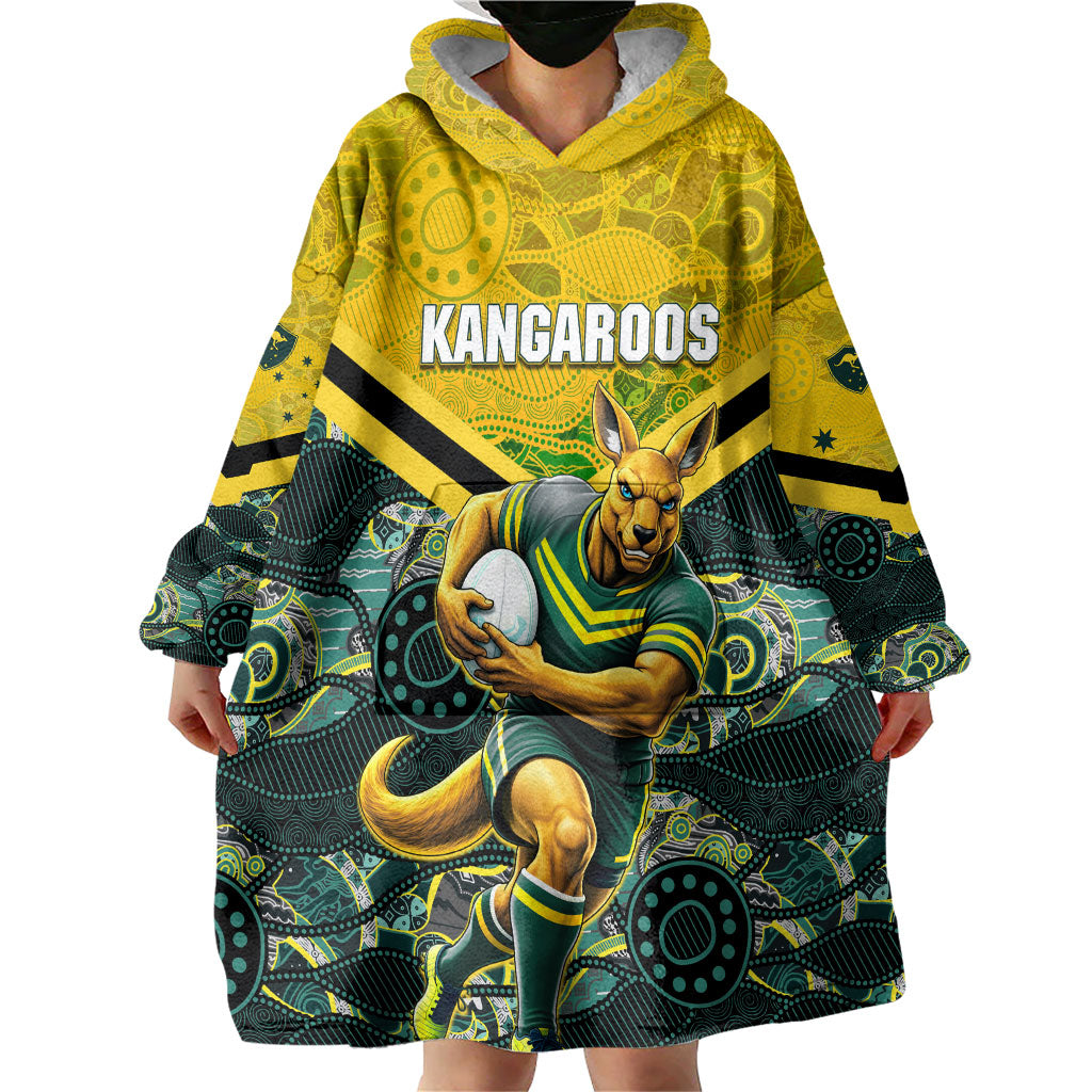 Personalised Kangaroos Rugby Wearable Blanket Hoodie Aboriginal Pattern Australia Colors Tribal Sports