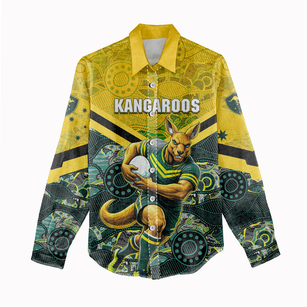 Personalised Kangaroos Rugby Women Casual Shirt Aboriginal Pattern Australia Colors Tribal Sports