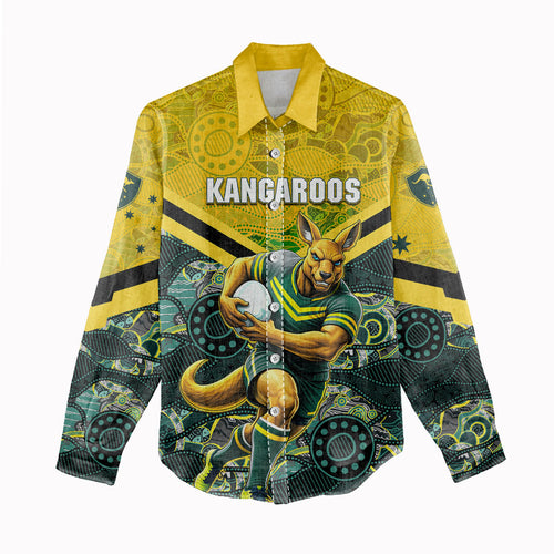Personalised Kangaroos Rugby Women Casual Shirt Aboriginal Pattern Australia Colors Tribal Sports