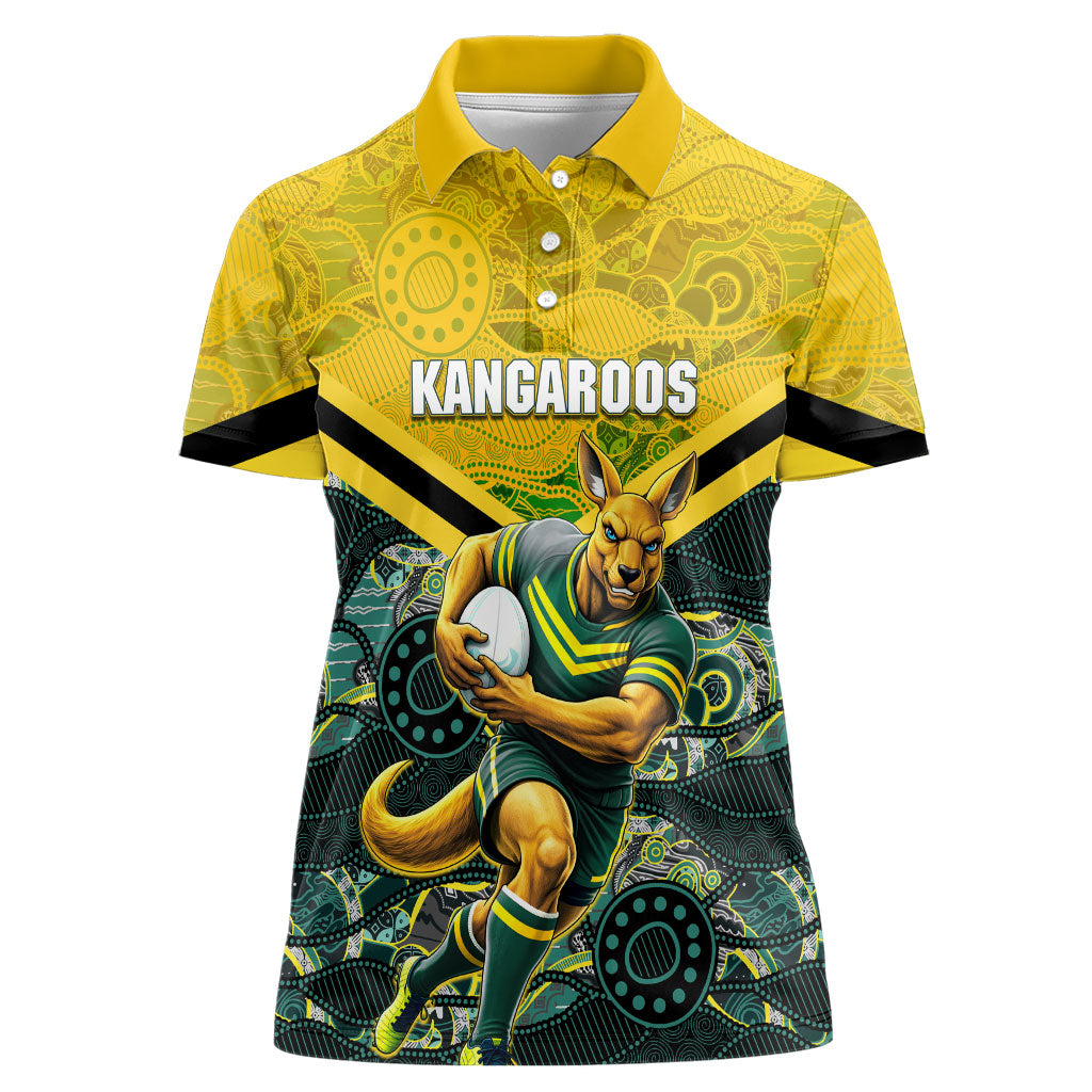 Personalised Kangaroos Rugby Women Polo Shirt Aboriginal Pattern Australia Colors Tribal Sports