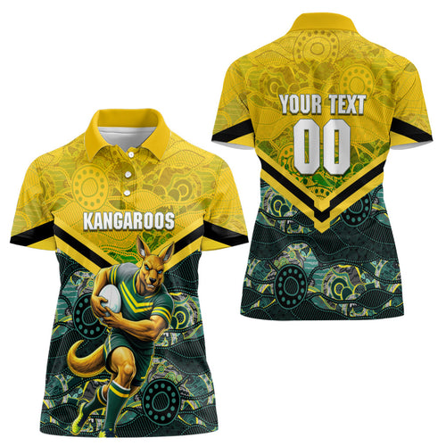 Personalised Kangaroos Rugby Women Polo Shirt Aboriginal Pattern Australia Colors Tribal Sports