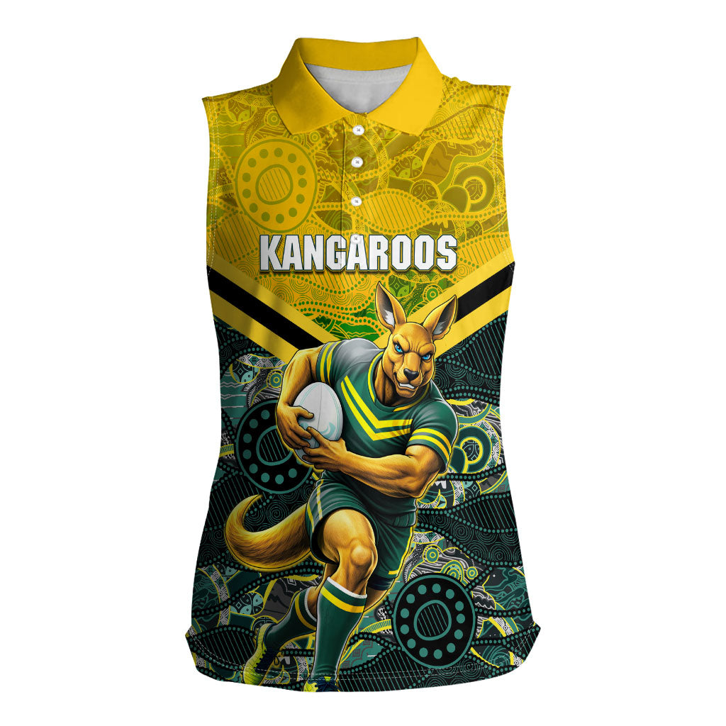 Personalised Kangaroos Rugby Women Sleeveless Polo Shirt Aboriginal Pattern Australia Colors Tribal Sports