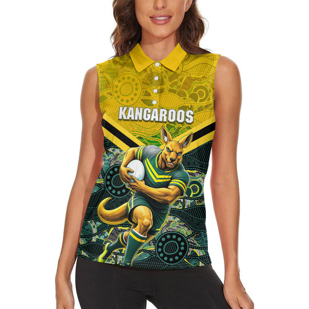 Personalised Kangaroos Rugby Women Sleeveless Polo Shirt Aboriginal Pattern Australia Colors Tribal Sports