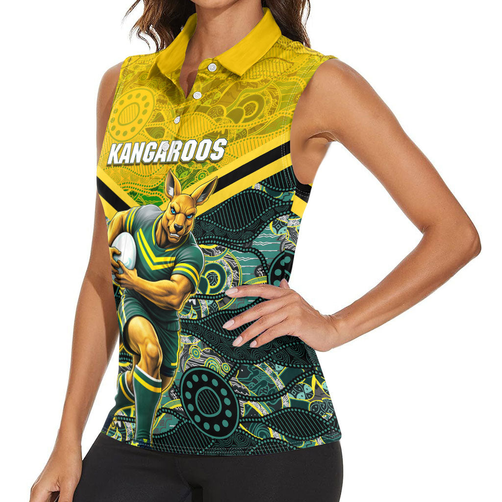 Personalised Kangaroos Rugby Women Sleeveless Polo Shirt Aboriginal Pattern Australia Colors Tribal Sports