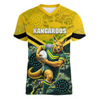 Personalised Kangaroos Rugby Women V-Neck T-Shirt Aboriginal Pattern Australia Colors Tribal Sports