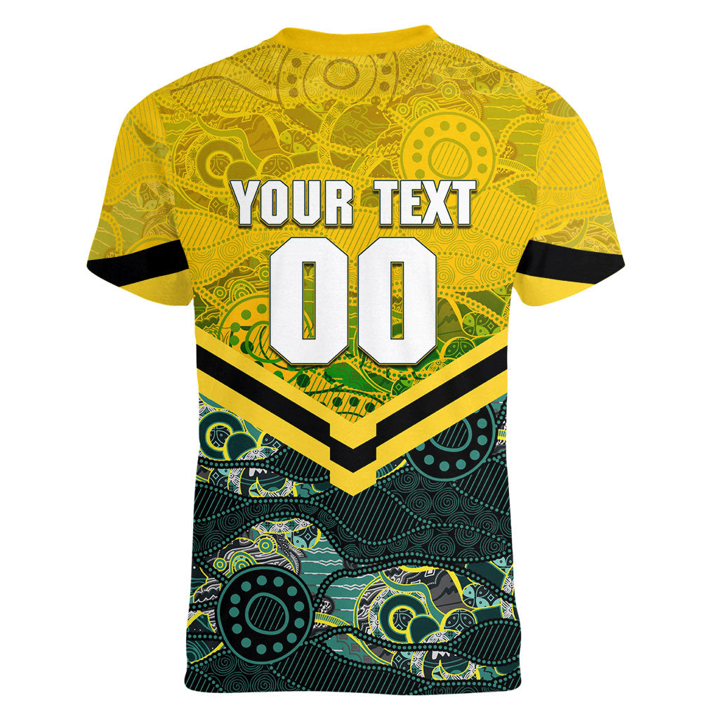 Personalised Kangaroos Rugby Women V-Neck T-Shirt Aboriginal Pattern Australia Colors Tribal Sports