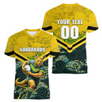 Personalised Kangaroos Rugby Women V-Neck T-Shirt Aboriginal Pattern Australia Colors Tribal Sports