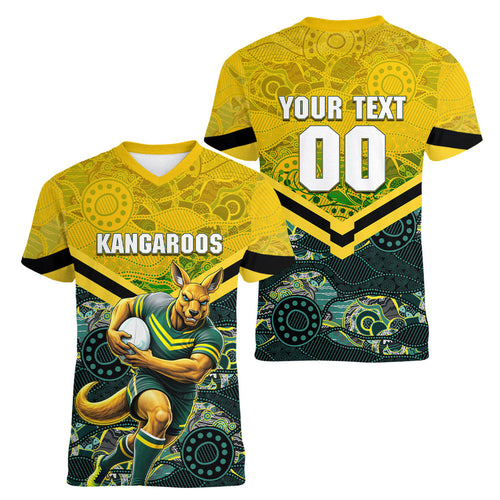 Personalised Kangaroos Rugby Women V-Neck T-Shirt Aboriginal Pattern Australia Colors Tribal Sports