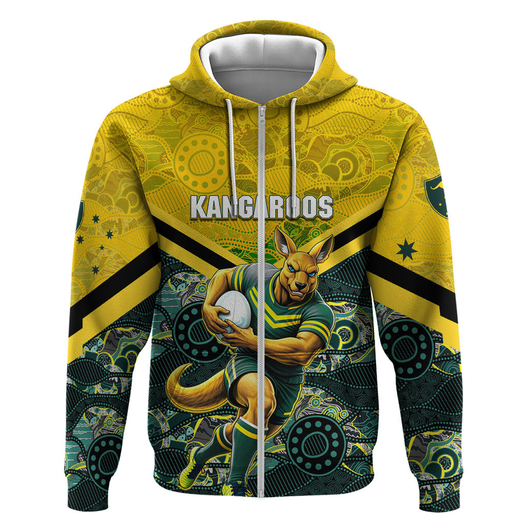 Personalised Kangaroos Rugby Zip Hoodie Aboriginal Pattern Australia Colors Tribal Sports