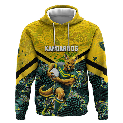 Personalised Kangaroos Rugby Zip Hoodie Aboriginal Pattern Australia Colors Tribal Sports