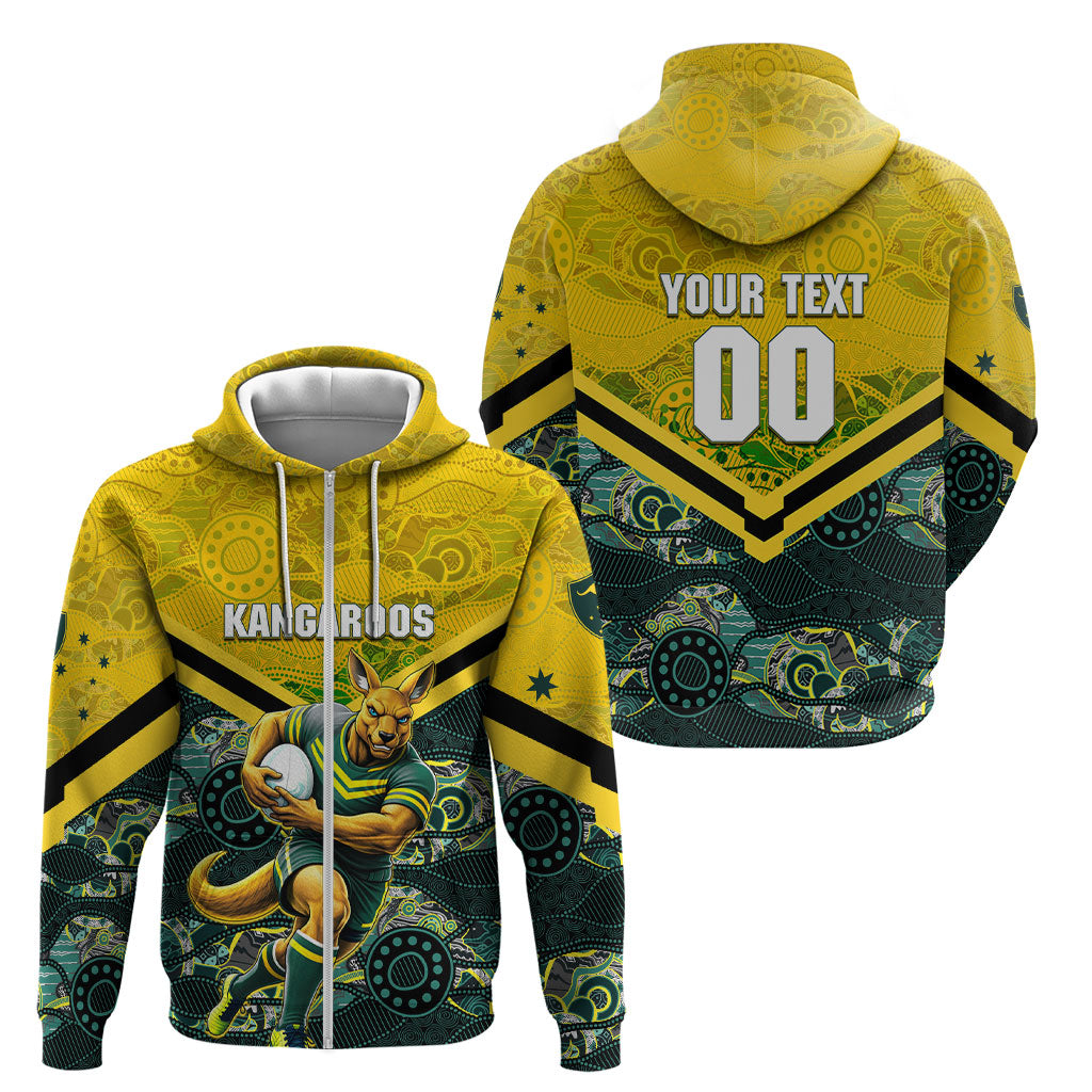Personalised Kangaroos Rugby Zip Hoodie Aboriginal Pattern Australia Colors Tribal Sports