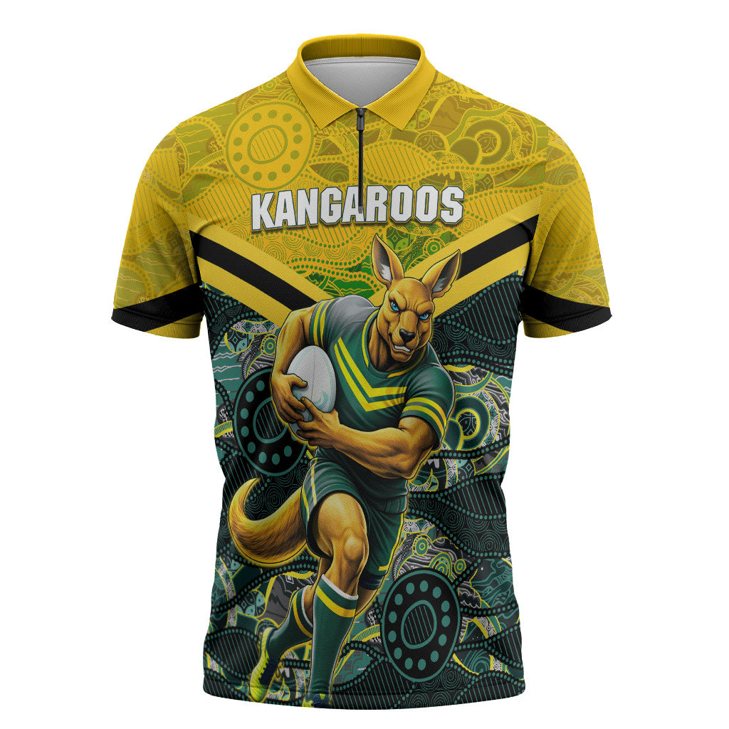 Personalised Kangaroos Rugby Zipper Polo Shirt Aboriginal Pattern Australia Colors Tribal Sports