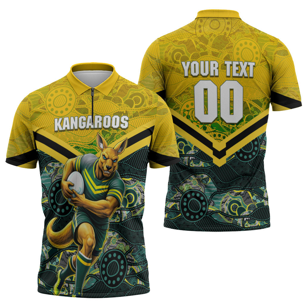 Personalised Kangaroos Rugby Zipper Polo Shirt Aboriginal Pattern Australia Colors Tribal Sports