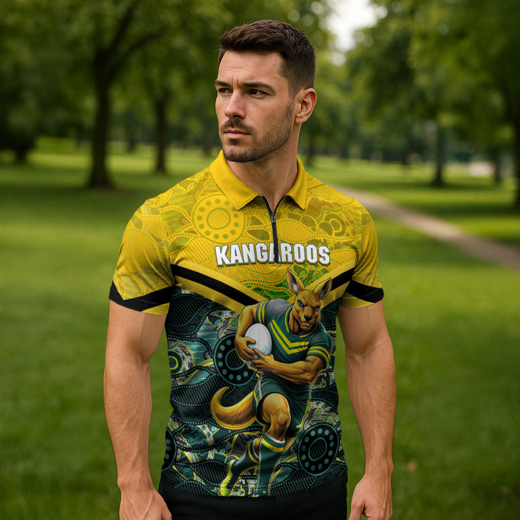 Personalised Kangaroos Rugby Zipper Polo Shirt Aboriginal Pattern Australia Colors Tribal Sports