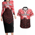 Custom Dolphins Couples Matching Long Sleeve Bodycon Dress and Hawaiian Shirt Dolphin Warrior Polynesia Islander Rugby Mascot