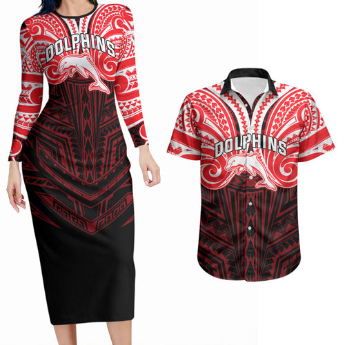 Custom Dolphins Couples Matching Long Sleeve Bodycon Dress and Hawaiian Shirt Dolphin Warrior Polynesia Islander Rugby Mascot