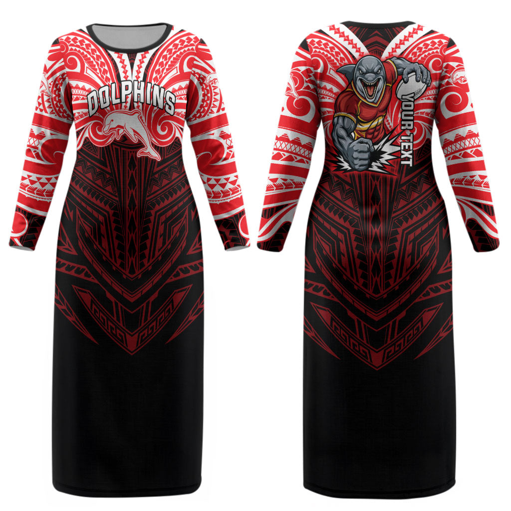Custom Dolphins Couples Matching Long Sleeve Bodycon Dress and Hawaiian Shirt Dolphin Warrior Polynesia Islander Rugby Mascot