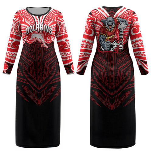 Custom Dolphins Couples Matching Long Sleeve Bodycon Dress and Hawaiian Shirt Dolphin Warrior Polynesia Islander Rugby Mascot