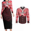 Custom Dolphins Couples Matching Long Sleeve Bodycon Dress and Long Sleeve Button Shirt Dolphin Warrior Polynesia Islander Rugby Mascot