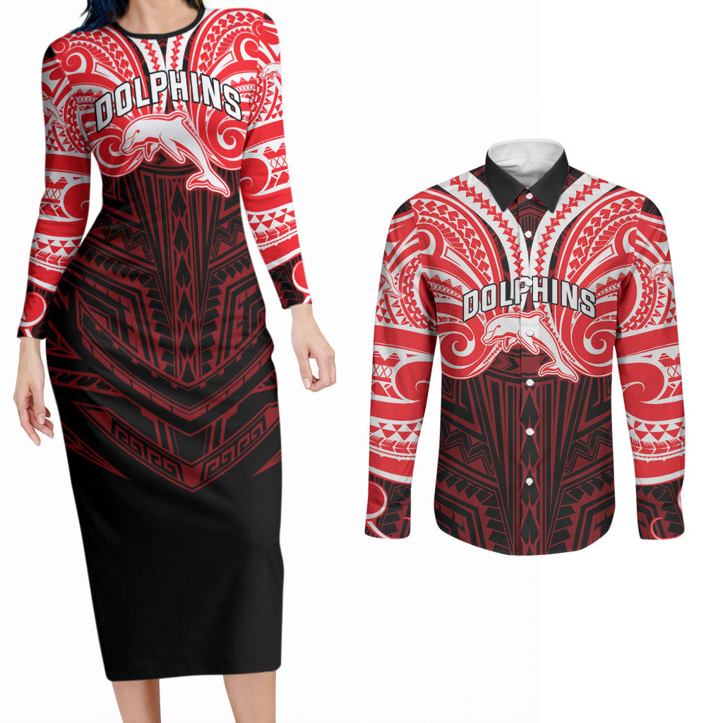 Custom Dolphins Couples Matching Long Sleeve Bodycon Dress and Long Sleeve Button Shirt Dolphin Warrior Polynesia Islander Rugby Mascot