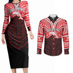 Custom Dolphins Couples Matching Long Sleeve Bodycon Dress and Long Sleeve Button Shirt Dolphin Warrior Polynesia Islander Rugby Mascot
