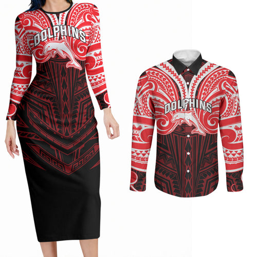 Custom Dolphins Couples Matching Long Sleeve Bodycon Dress and Long Sleeve Button Shirt Dolphin Warrior Polynesia Islander Rugby Mascot