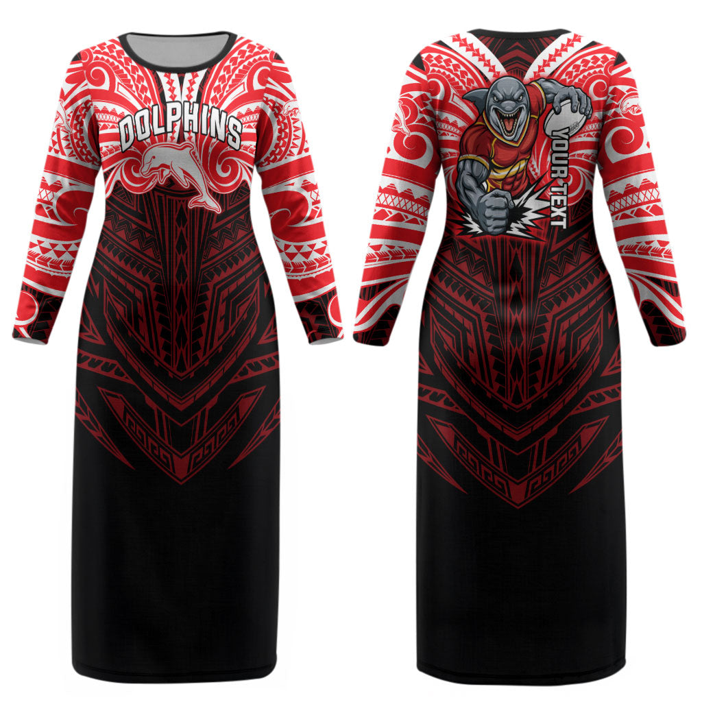 Custom Dolphins Couples Matching Long Sleeve Bodycon Dress and Long Sleeve Button Shirt Dolphin Warrior Polynesia Islander Rugby Mascot