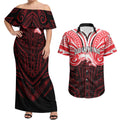 Custom Dolphins Couples Matching Off Shoulder Maxi Dress and Hawaiian Shirt Dolphin Warrior Polynesia Islander Rugby Mascot