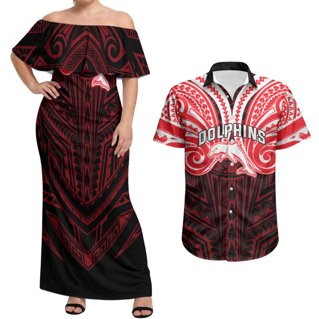 Custom Dolphins Couples Matching Off Shoulder Maxi Dress and Hawaiian Shirt Dolphin Warrior Polynesia Islander Rugby Mascot