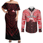 Custom Dolphins Couples Matching Off Shoulder Maxi Dress and Long Sleeve Button Shirt Dolphin Warrior Polynesia Islander Rugby Mascot