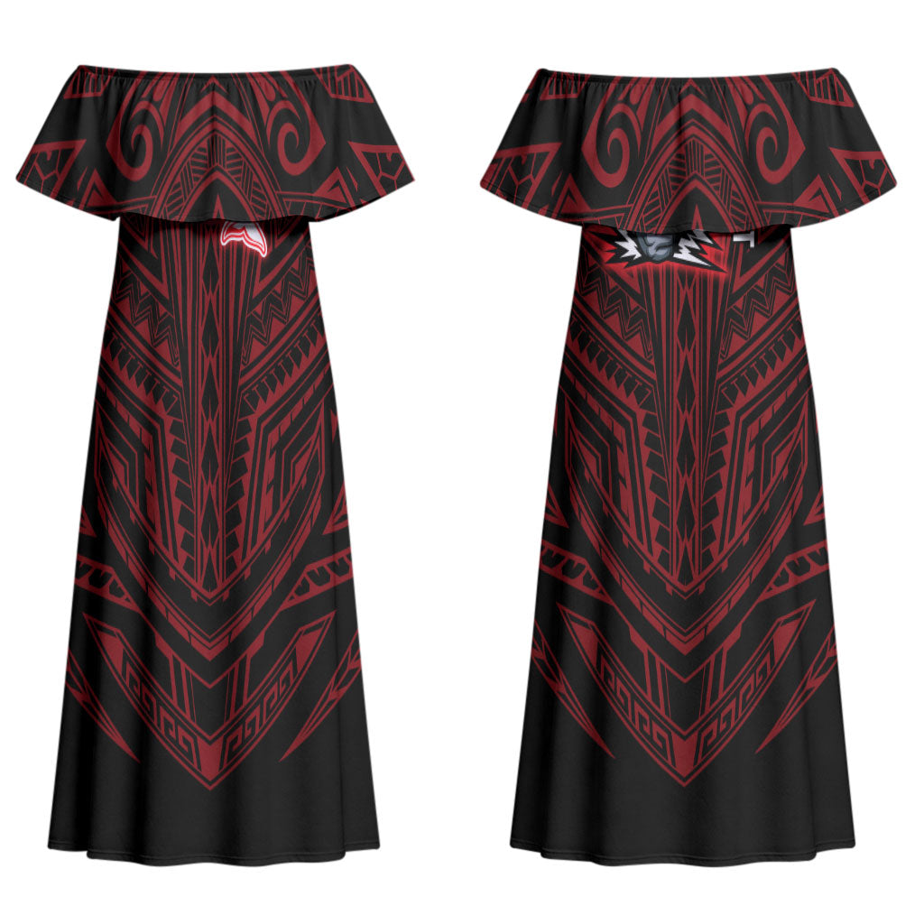 Custom Dolphins Couples Matching Off Shoulder Maxi Dress and Long Sleeve Button Shirt Dolphin Warrior Polynesia Islander Rugby Mascot