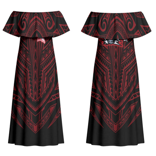 Custom Dolphins Couples Matching Off Shoulder Maxi Dress and Long Sleeve Button Shirt Dolphin Warrior Polynesia Islander Rugby Mascot