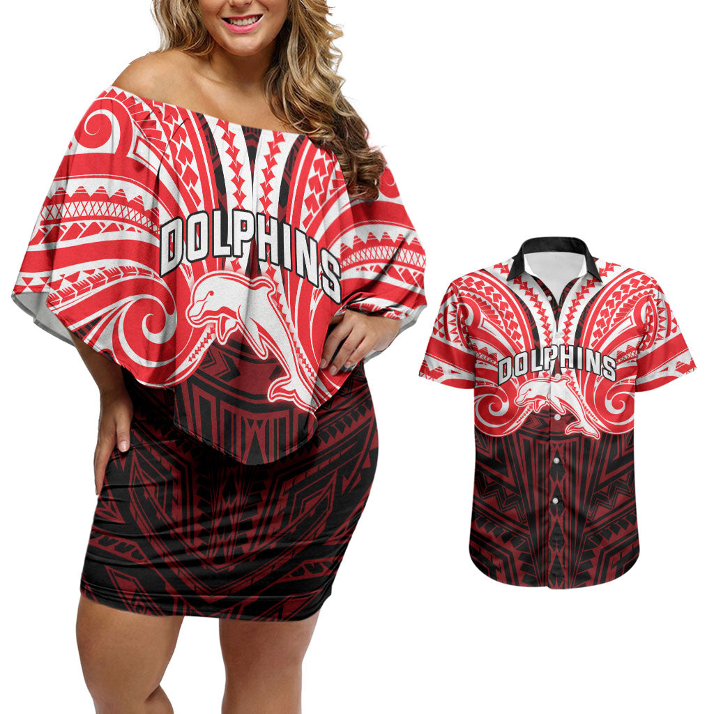 Custom Dolphins Couples Matching Off Shoulder Short Dress and Hawaiian Shirt Dolphin Warrior Polynesia Islander Rugby Mascot