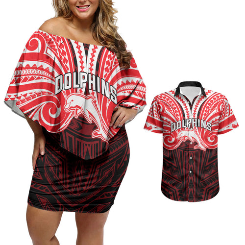 Custom Dolphins Couples Matching Off Shoulder Short Dress and Hawaiian Shirt Dolphin Warrior Polynesia Islander Rugby Mascot