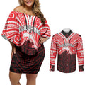 Custom Dolphins Couples Matching Off Shoulder Short Dress and Long Sleeve Button Shirt Dolphin Warrior Polynesia Islander Rugby Mascot