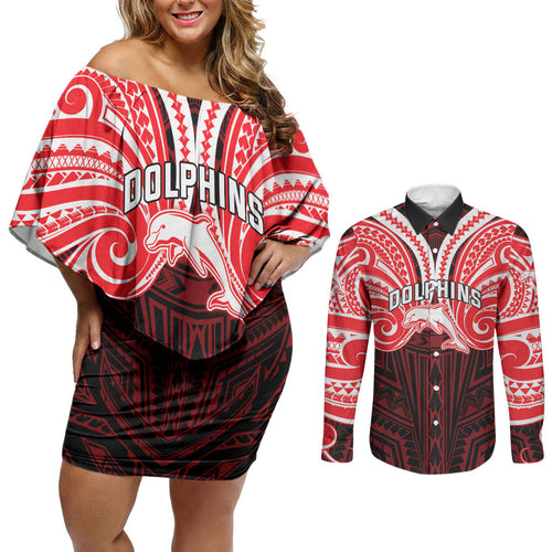 Custom Dolphins Couples Matching Off Shoulder Short Dress and Long Sleeve Button Shirt Dolphin Warrior Polynesia Islander Rugby Mascot
