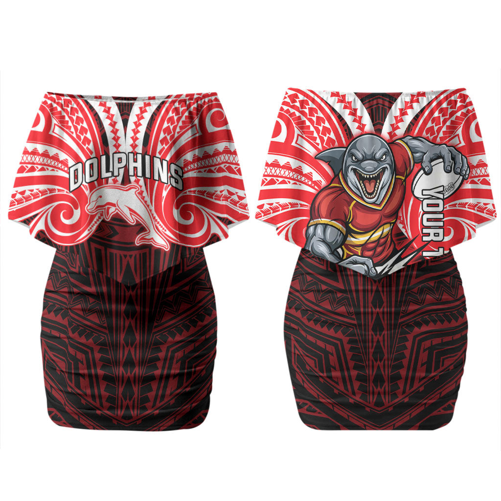 Custom Dolphins Couples Matching Off Shoulder Short Dress and Long Sleeve Button Shirt Dolphin Warrior Polynesia Islander Rugby Mascot