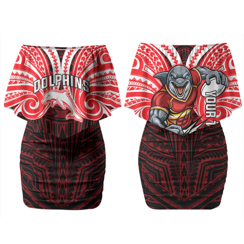 Custom Dolphins Couples Matching Off Shoulder Short Dress and Long Sleeve Button Shirt Dolphin Warrior Polynesia Islander Rugby Mascot