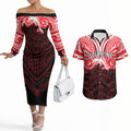 Custom Dolphins Couples Matching Off The Shoulder Long Sleeve Dress and Hawaiian Shirt Dolphin Warrior Polynesia Islander Rugby Mascot