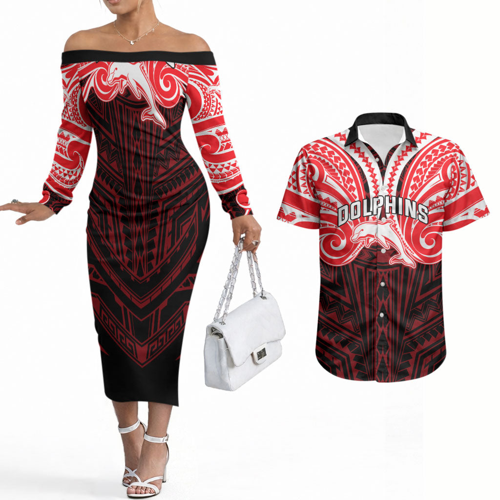 Custom Dolphins Couples Matching Off The Shoulder Long Sleeve Dress and Hawaiian Shirt Dolphin Warrior Polynesia Islander Rugby Mascot