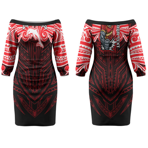 Custom Dolphins Couples Matching Off The Shoulder Long Sleeve Dress and Hawaiian Shirt Dolphin Warrior Polynesia Islander Rugby Mascot