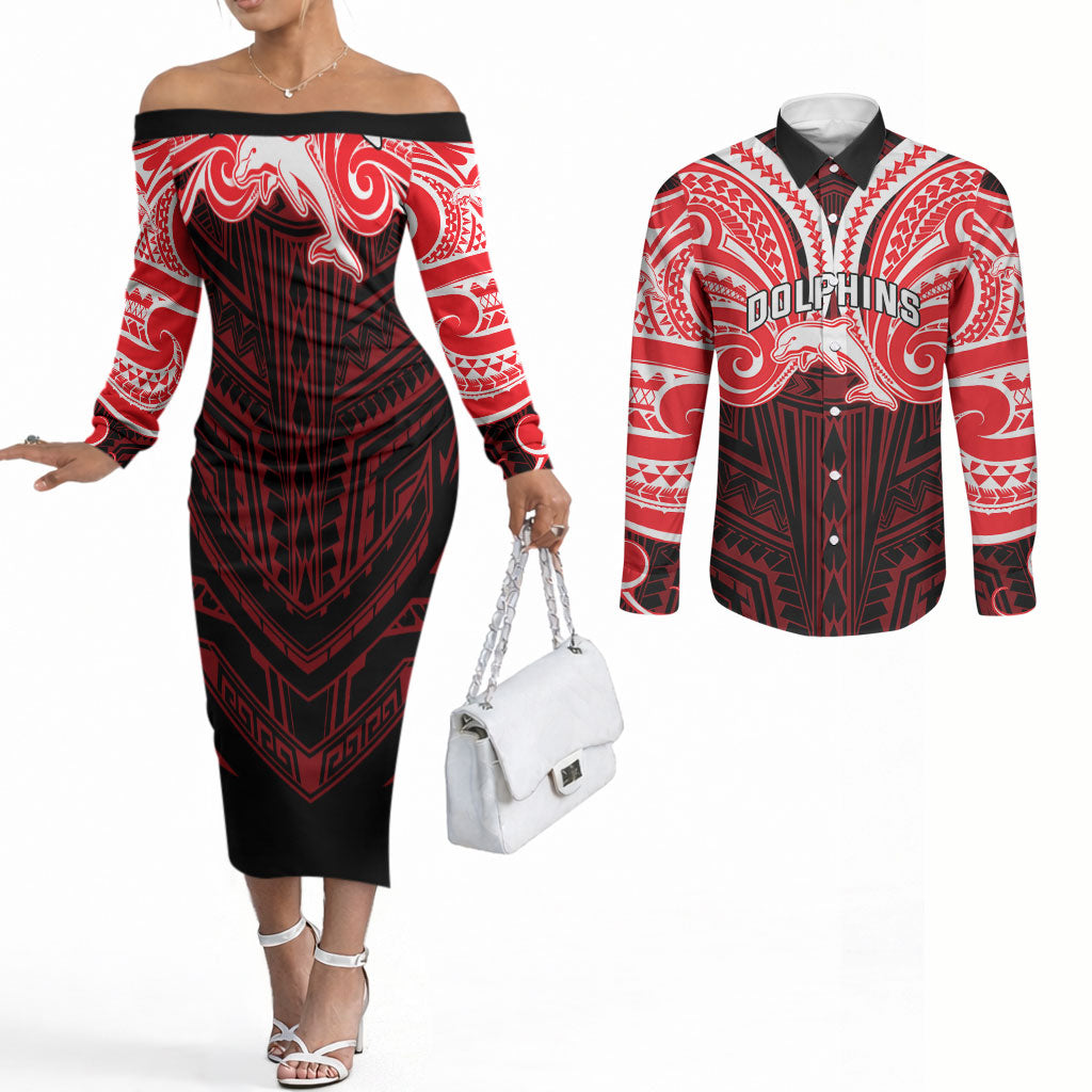 Custom Dolphins Couples Matching Off The Shoulder Long Sleeve Dress and Long Sleeve Button Shirt Dolphin Warrior Polynesia Islander Rugby Mascot