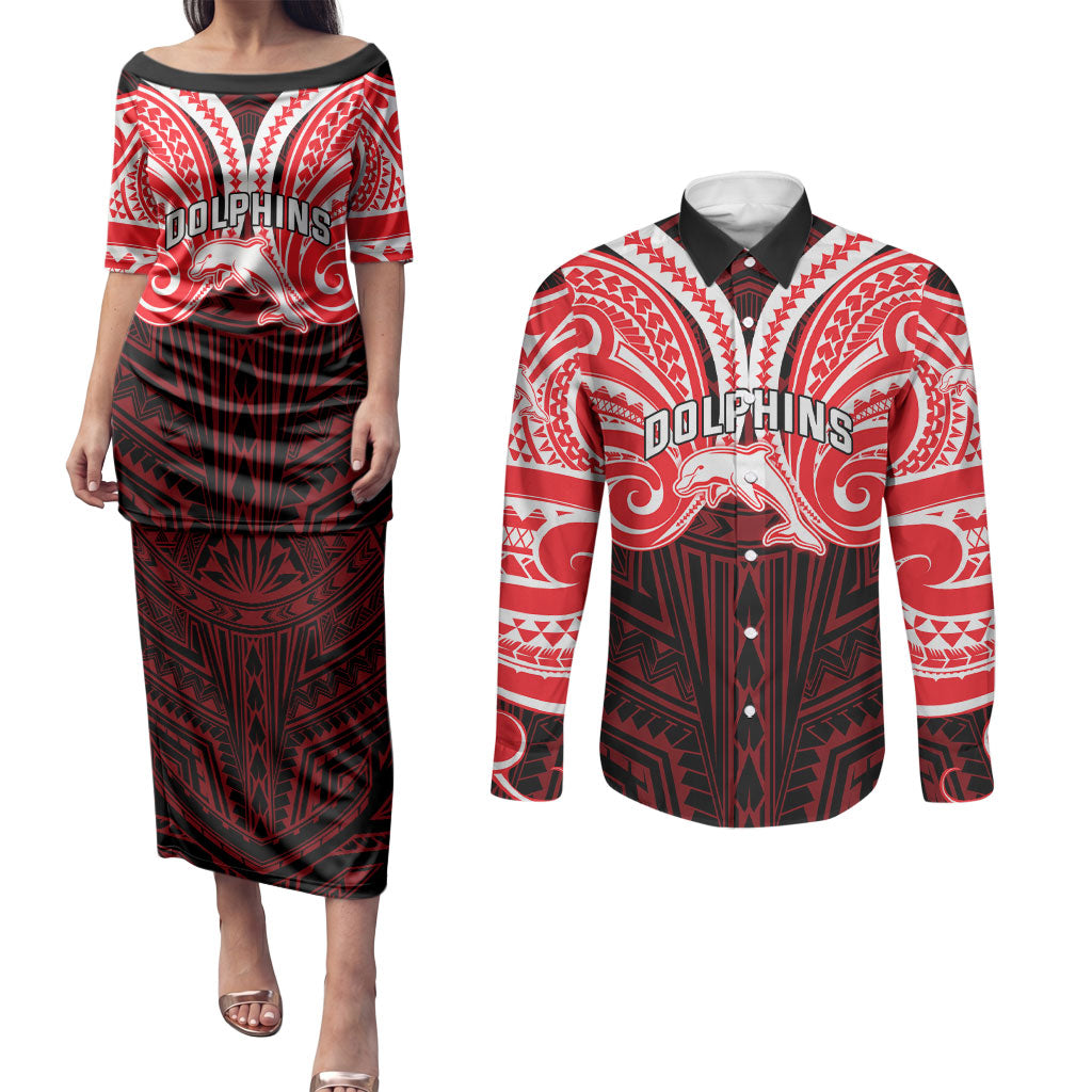 Custom Dolphins Couples Matching Puletasi and Long Sleeve Button Shirt Dolphin Warrior Polynesia Islander Rugby Mascot