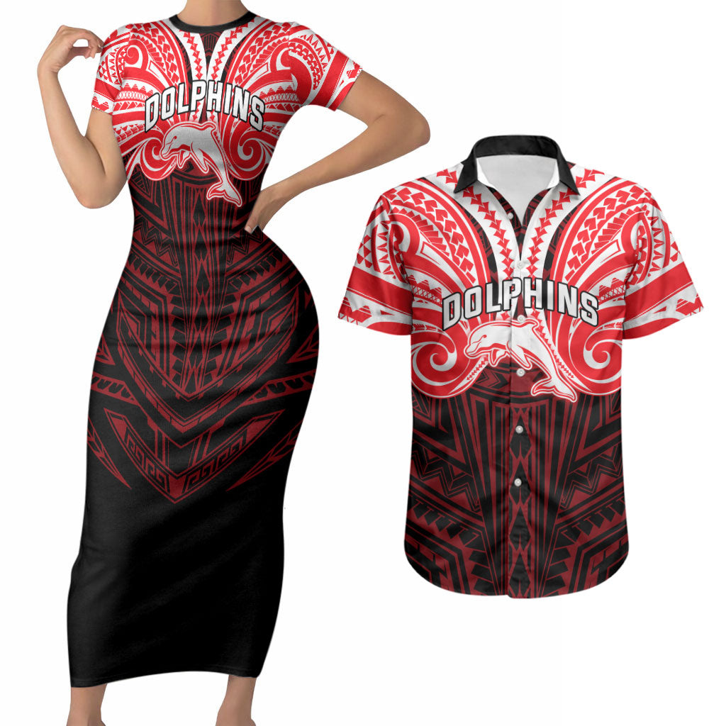Custom Dolphins Couples Matching Short Sleeve Bodycon Dress and Hawaiian Shirt Dolphin Warrior Polynesia Islander Rugby Mascot