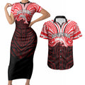 Custom Dolphins Couples Matching Short Sleeve Bodycon Dress and Hawaiian Shirt Dolphin Warrior Polynesia Islander Rugby Mascot